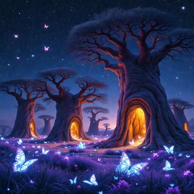 The primary subject of the image is a group of trees with butterflies flying around them. The setting is a forest at night, with the trees illuminated by a soft glow. The visual style is a digital art or illustration, creating a surreal and dreamy atmosphere. The colors are predominantly purple and blue, with the butterflies adding a touch of yellow. The overall mood is serene and peaceful, with the butterflies and trees creating a sense of wonder and magic.